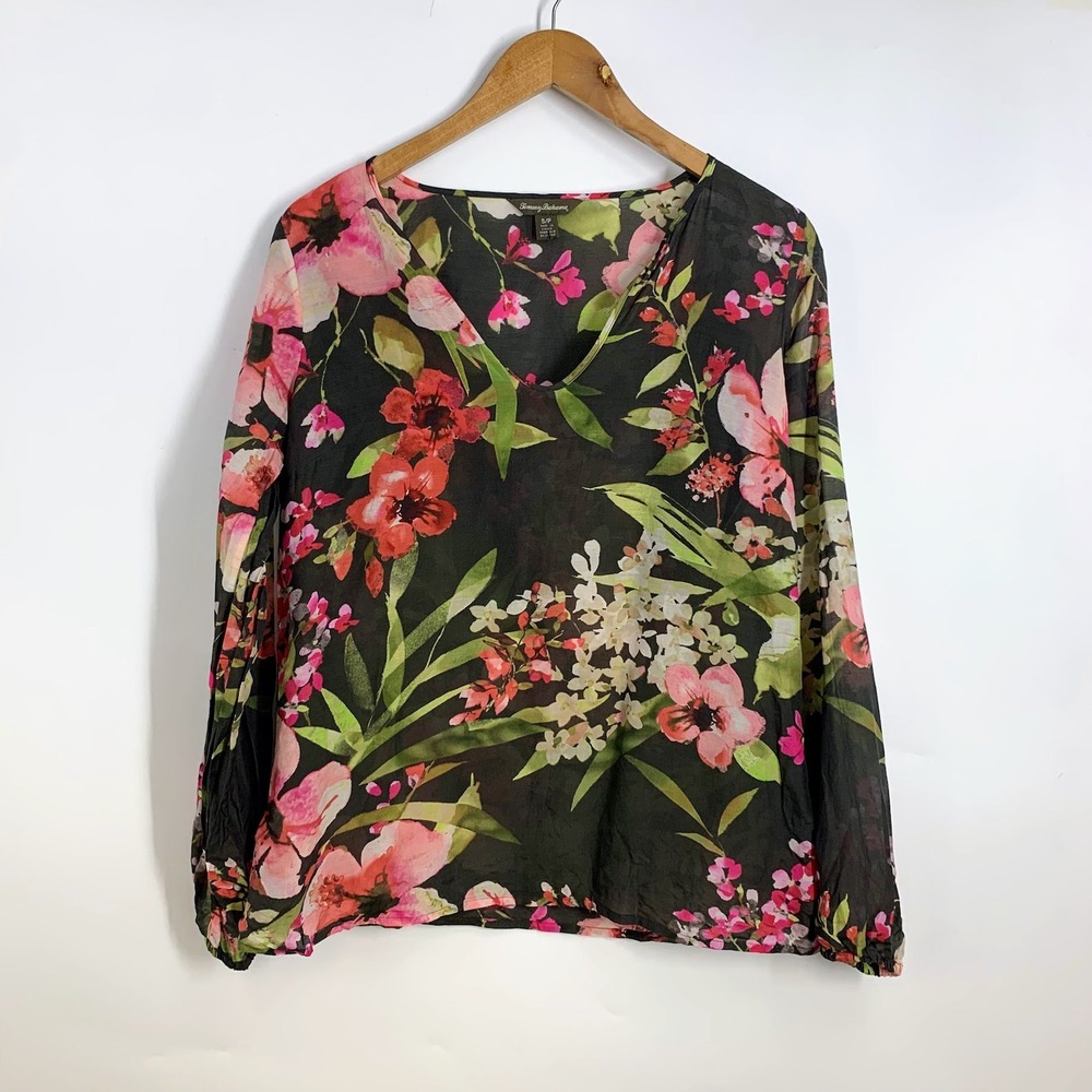 Tommy Bahama Womens Silk Sheer Floral Print Long Sleeve V Neck Blouse Top Size S